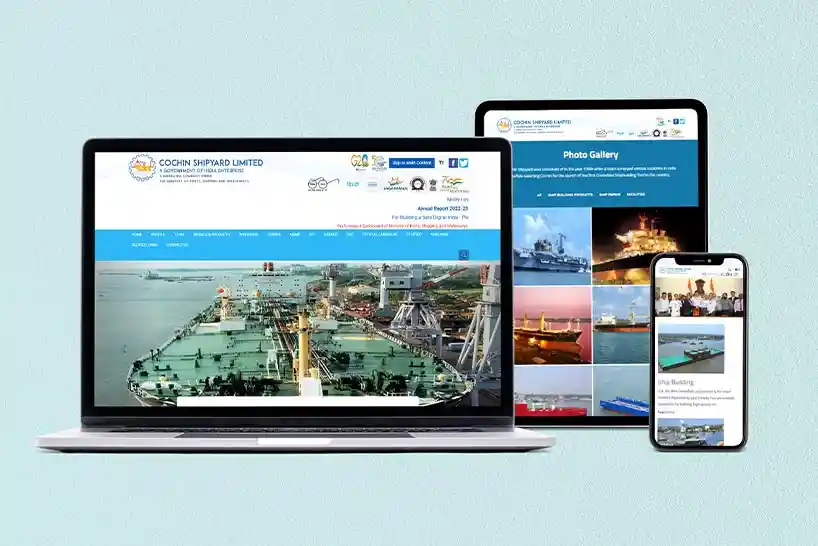 Cochin Shipyard Limited website homepage shown in a laptop, tablet and smartphone