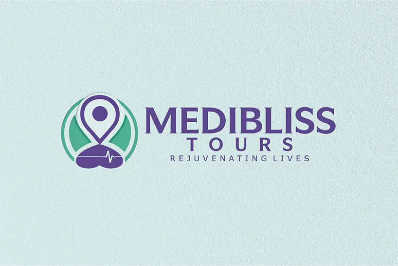 Blue and green coloured Medibliss Tours logo and branding in a gray background