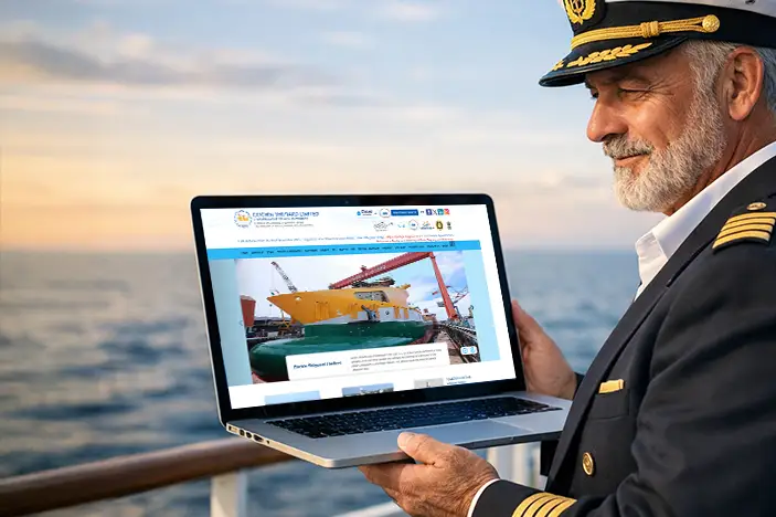 caption holding laptop in the ship